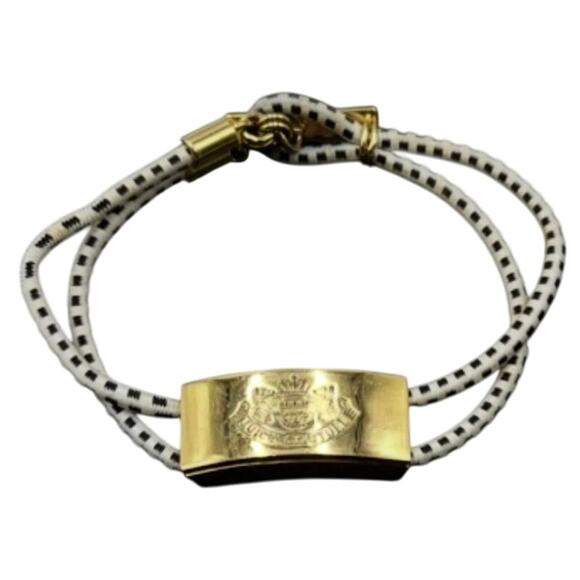 Juicy Couture Cord Elastic Stretch Bracelet Black & White Gold Tone Identity Tag - Picture 1 of 6